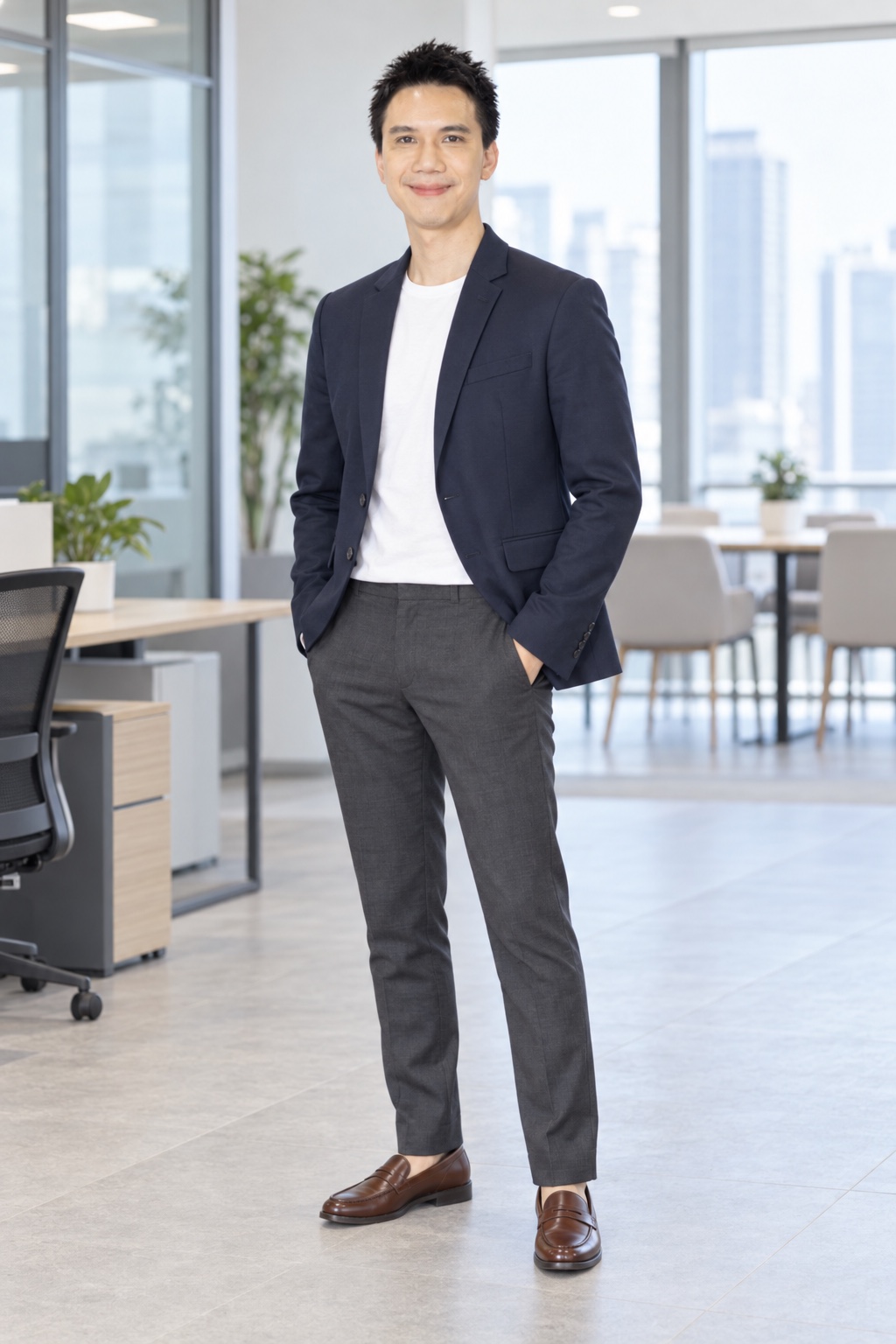 Navy blazer + trousers + loafers
