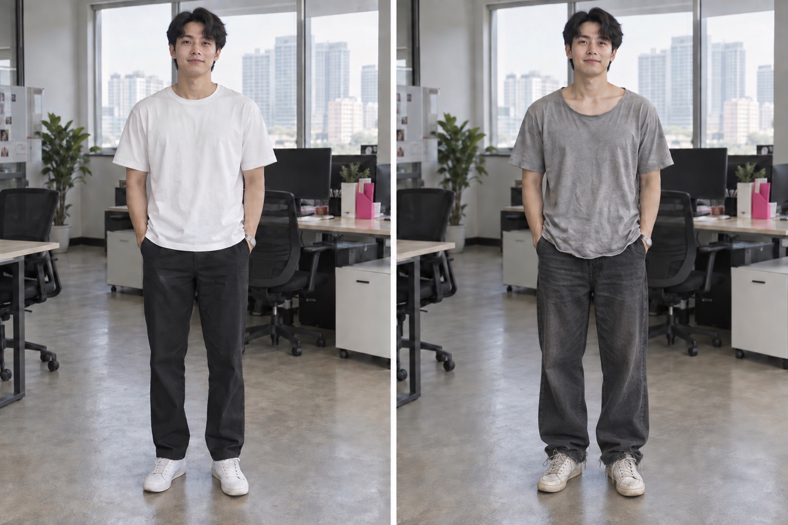 Stretched tee, worn trousers and shoes