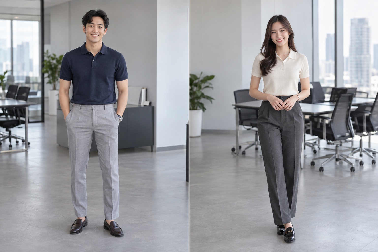 Fine-knit polo + dress trousers