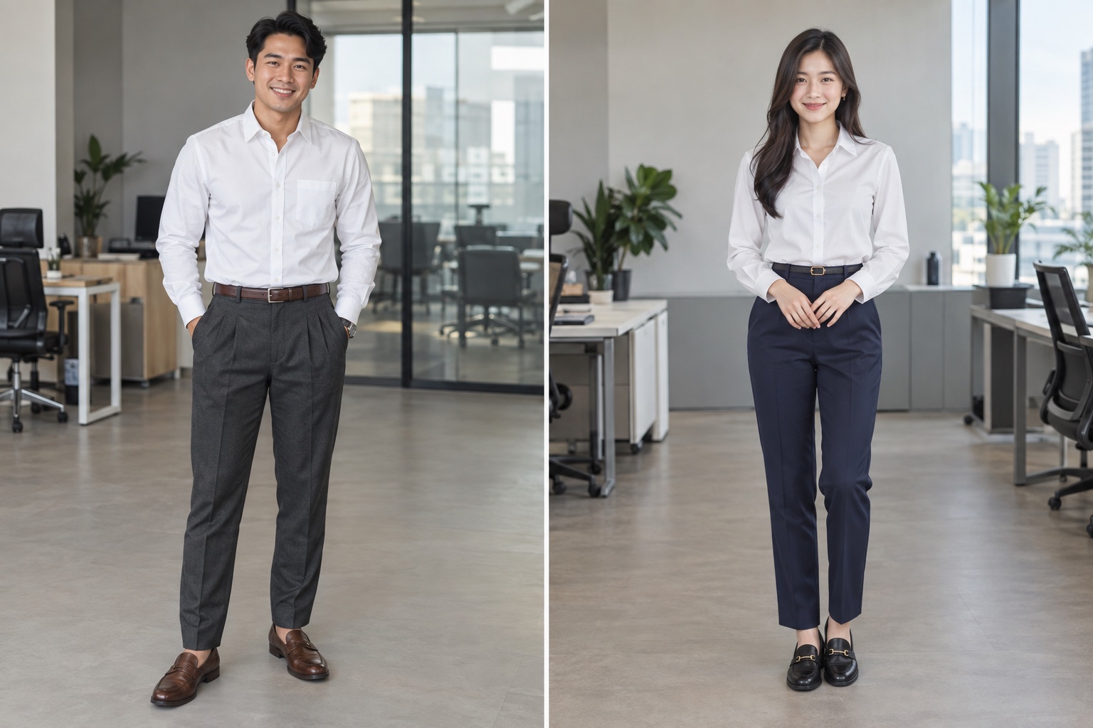 White shirt + pleated trousers